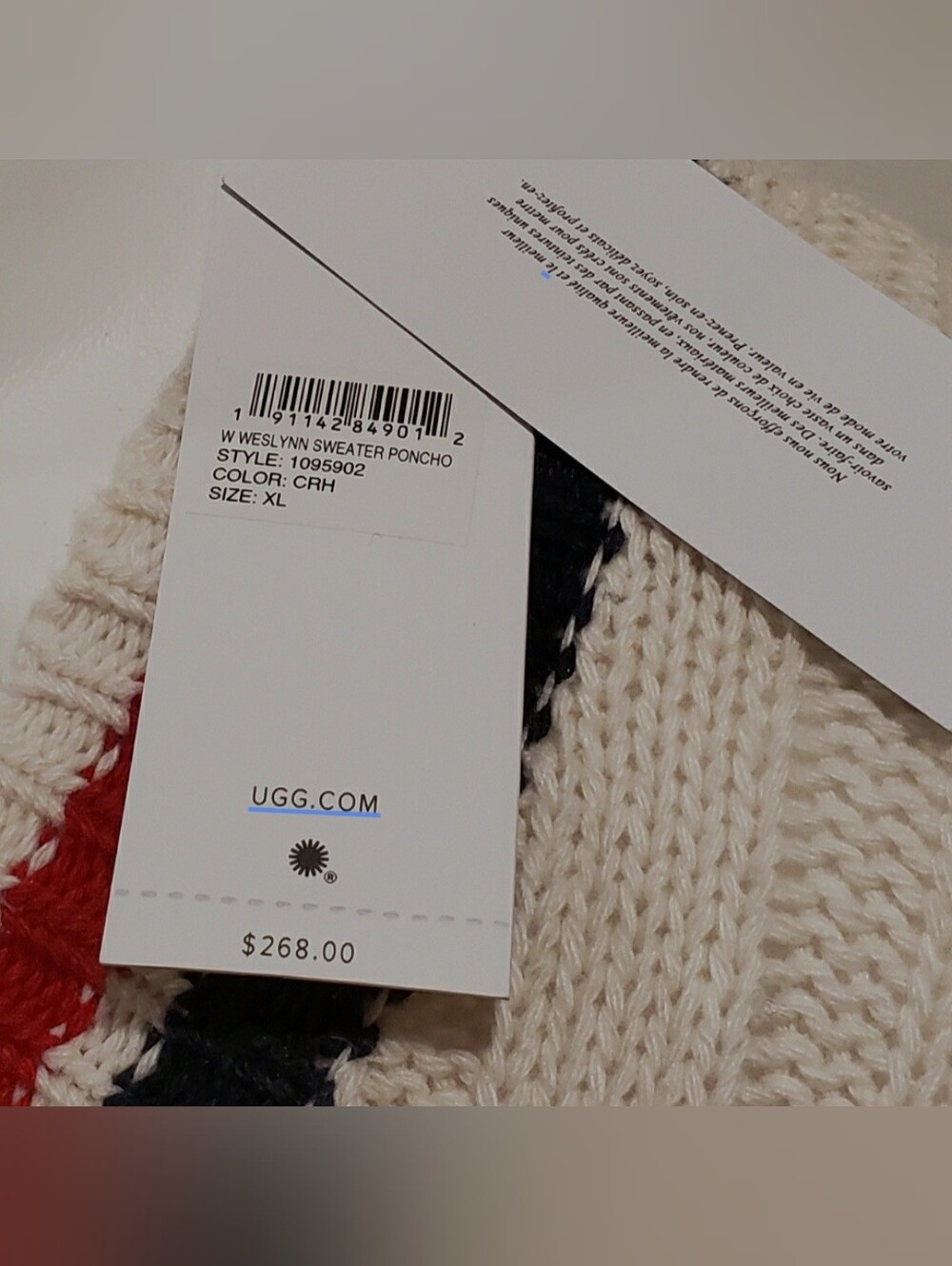 NWOT UGG Women's Weslynn Cream Wool Stiped Cableknit Poncho Sweater Size M/L - Picture 4 of 4